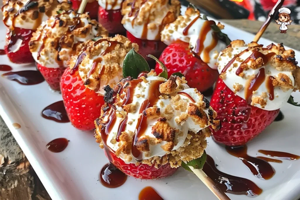Flaming strawberries served with a fluffy marshmallow topping for a delicious dessert.