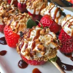Flaming strawberries served with a fluffy marshmallow topping for a delicious dessert.