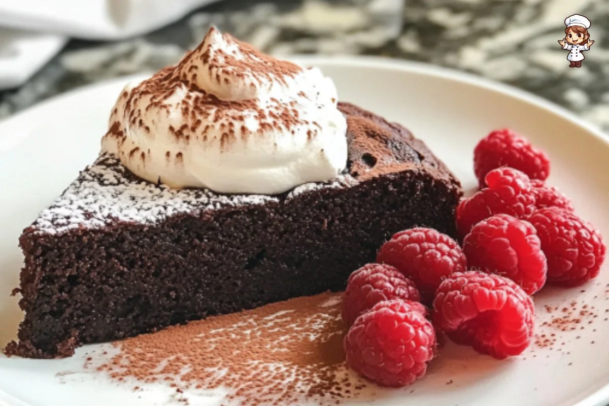 Flourless chocolate cake served on a white plate with berries