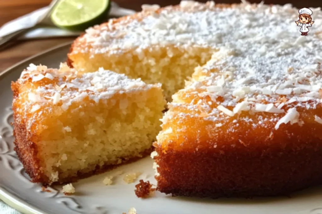 Flourless Coconut Lime Cake topped with fresh lime zest and grated coconut