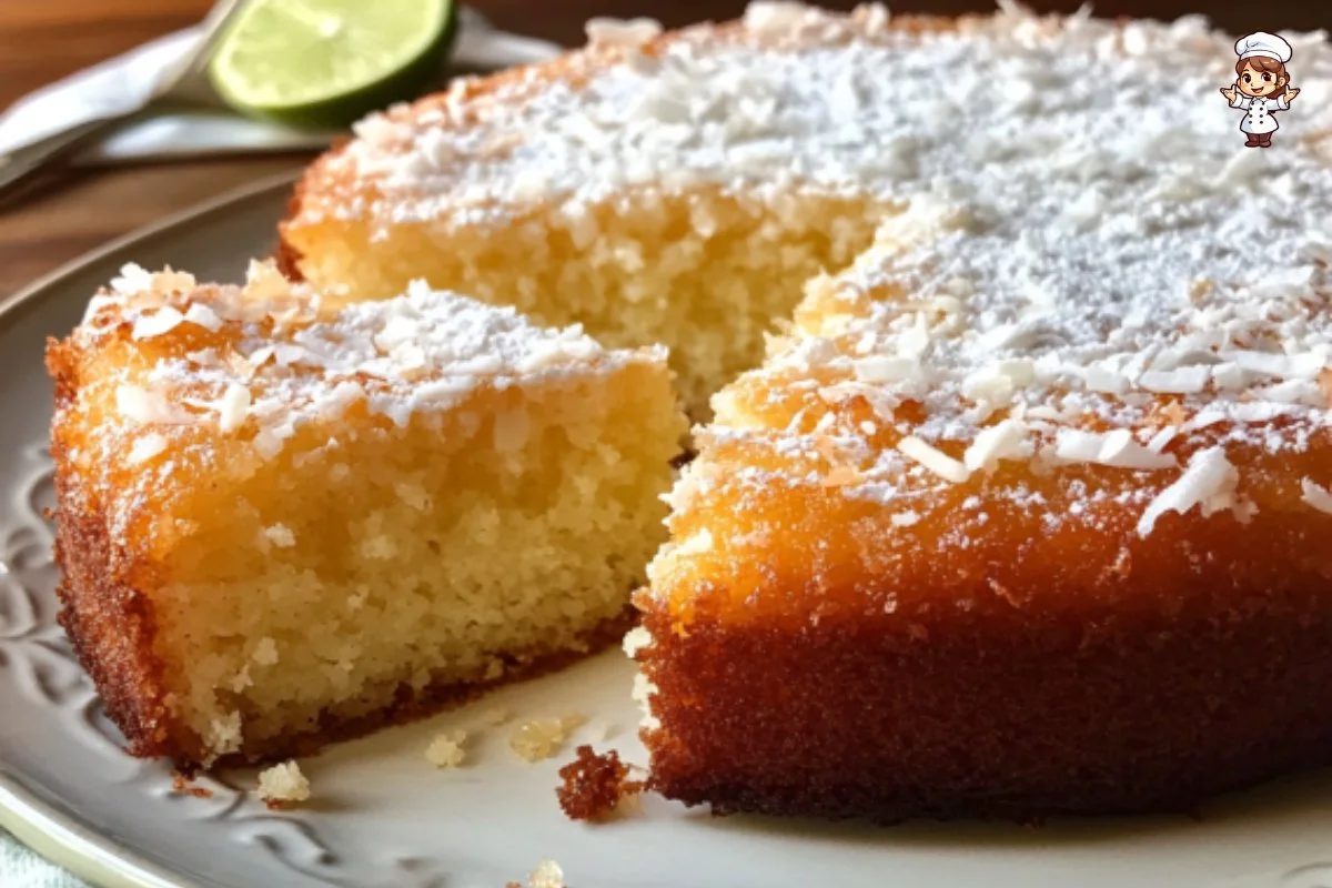 Flourless Coconut Lime Cake topped with fresh lime zest and grated coconut