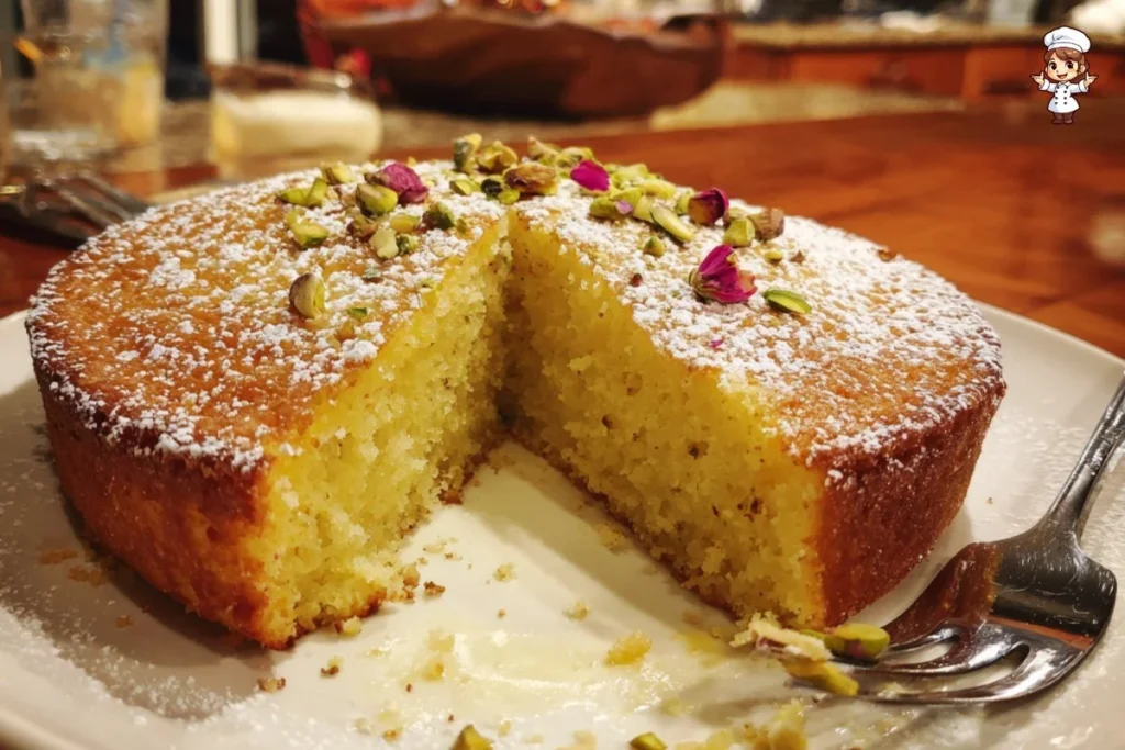 Fragrant almond and cardamom flourless tea cake on a rustic wooden table