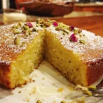 Fragrant almond and cardamom flourless tea cake on a rustic wooden table