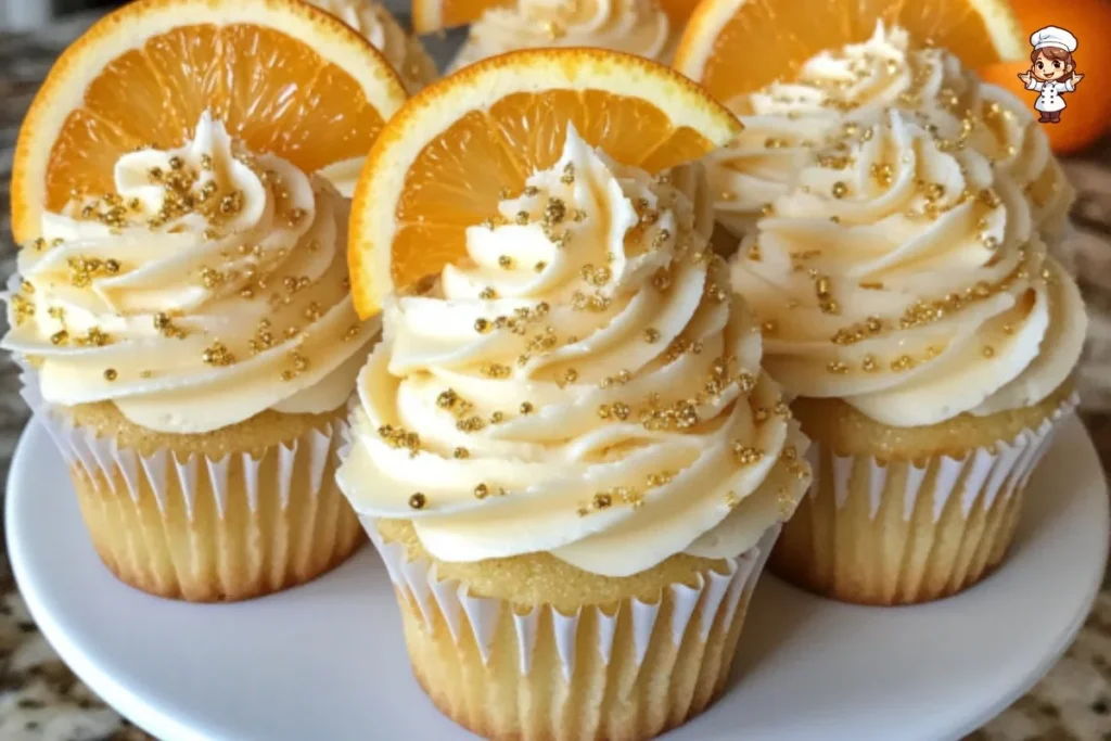 Fresh-Squeezed Mimosa Cupcakes with vibrant orange and yellow frosting.