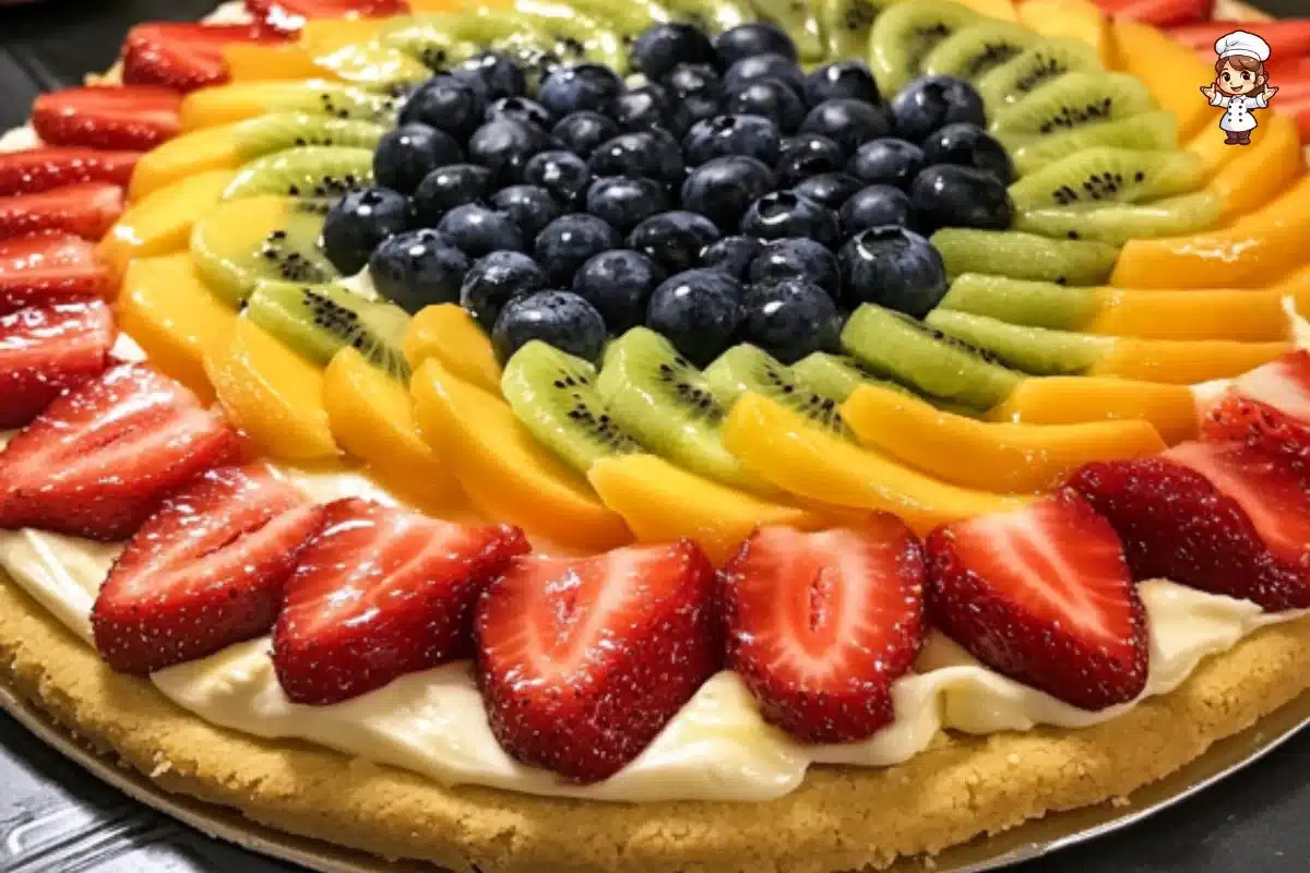 Colorful fruit pizza topped with fresh fruits and creamy frosting on a crust.