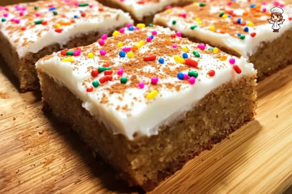 Delicious gingerbread cookie bars topped with frosting and spices.
