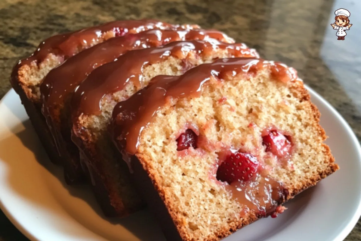 Loaf of glazed strawberry bread with fresh strawberries on top