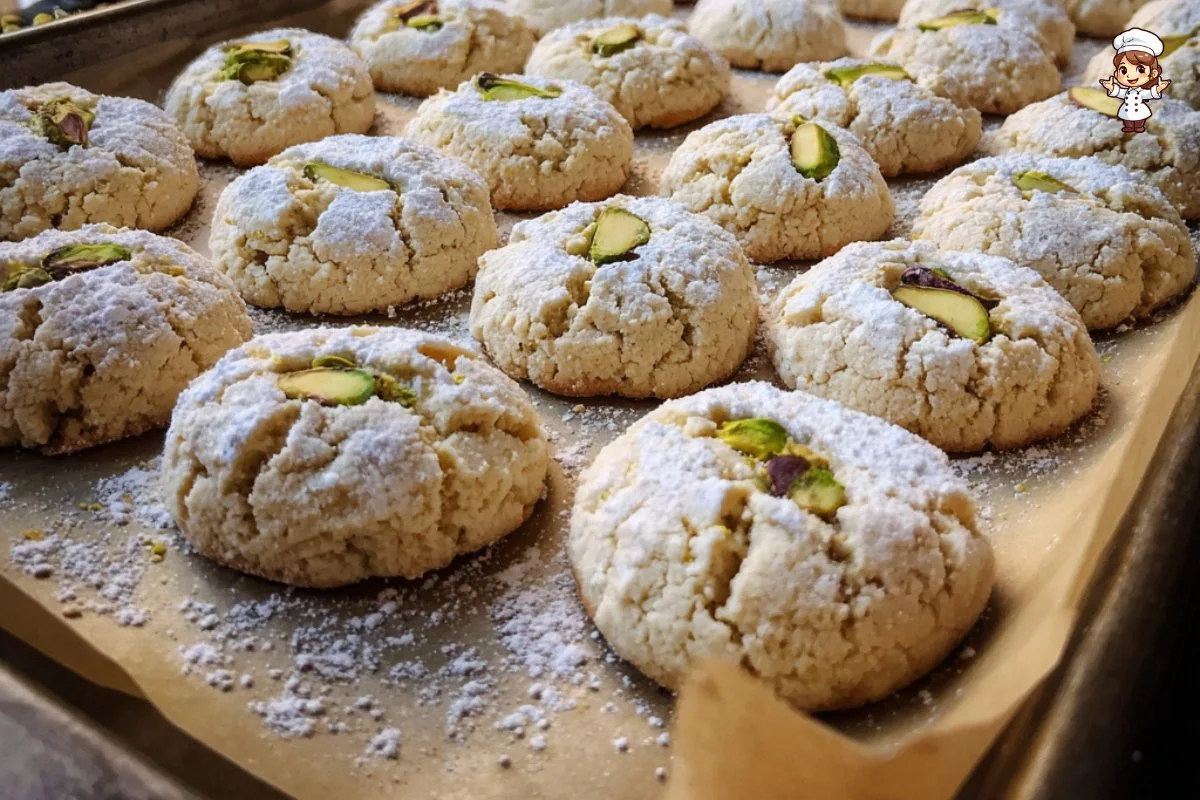 Plate of gluten-free pistachio cookies with a sprinkle of nuts on top