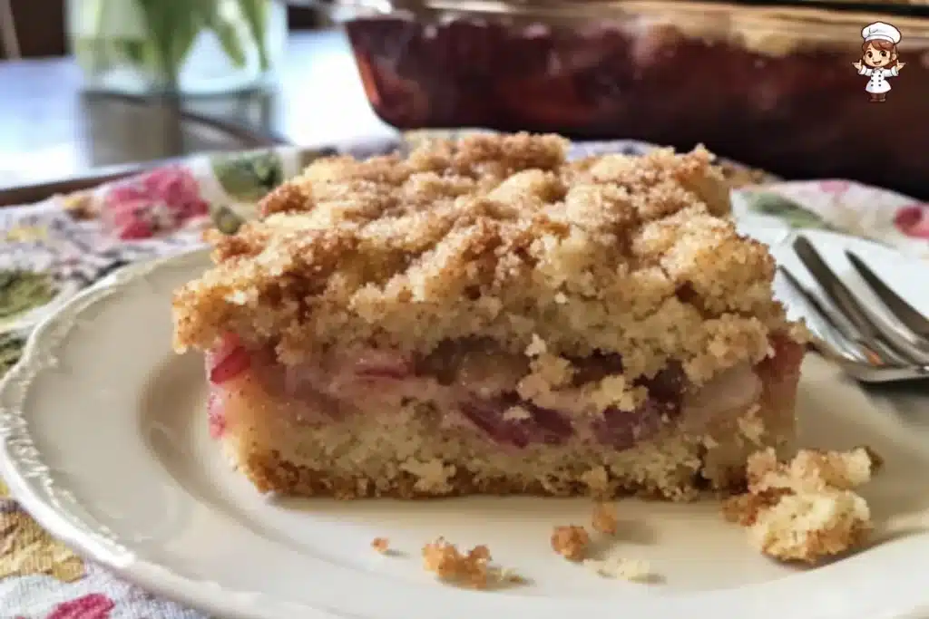 A delicious slice of Grandma's Rhubarb Cake with fresh rhubarb and cake layers.