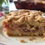 A delicious slice of Grandma's Rhubarb Cake with fresh rhubarb and cake layers.