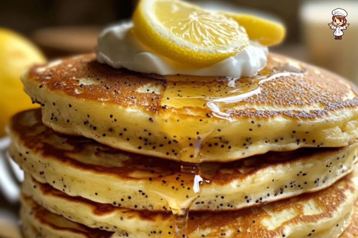 Plate of Greek yogurt lemon poppy seed pancakes topped with fresh fruit.