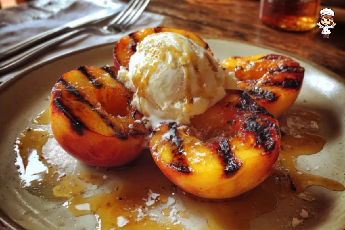 Delicious grilled peaches topped with vanilla ice cream in a bowl