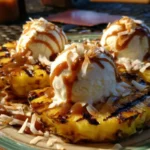 Delicious grilled pineapple sundaes topped with ice cream and nuts.