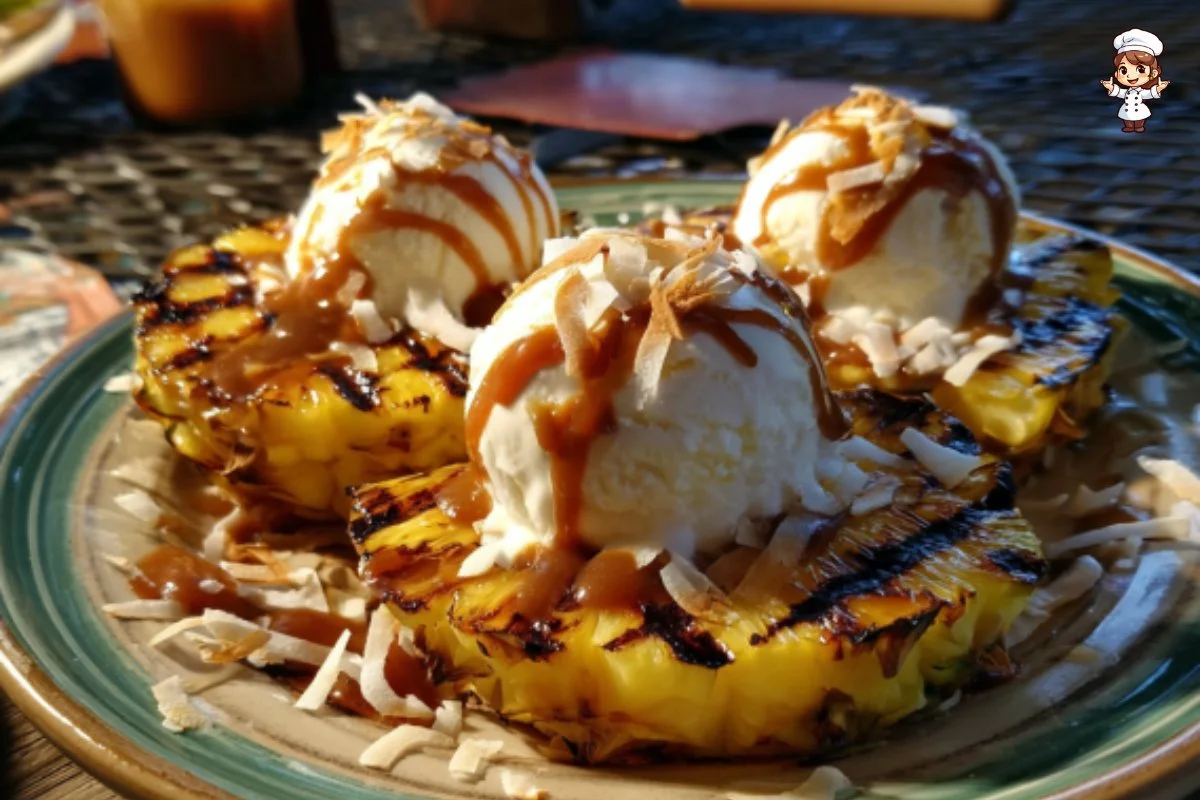 Delicious grilled pineapple sundaes topped with ice cream and nuts.