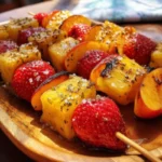 Colorful grilled summer fruit skewers on a platter