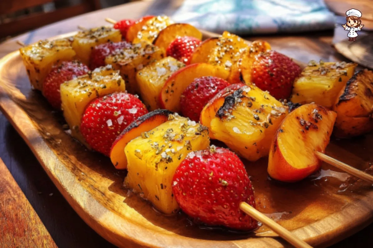 Colorful grilled summer fruit skewers on a platter