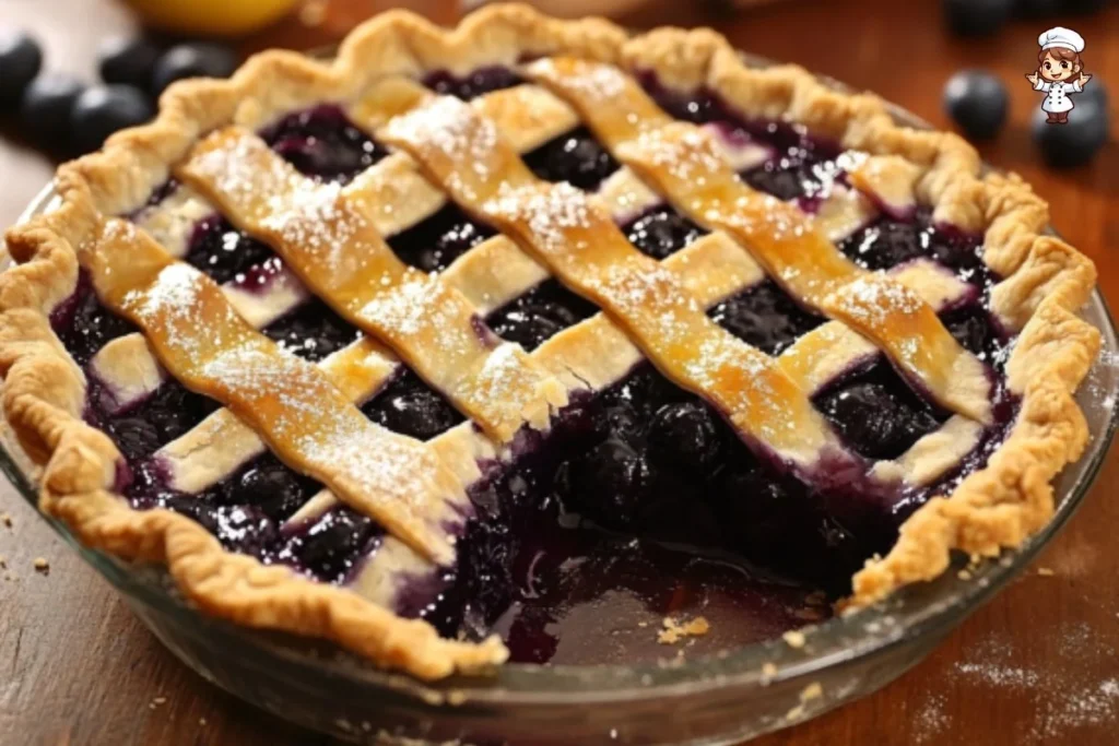 Homemade blueberry pie fresh from the oven with golden crust and blueberries