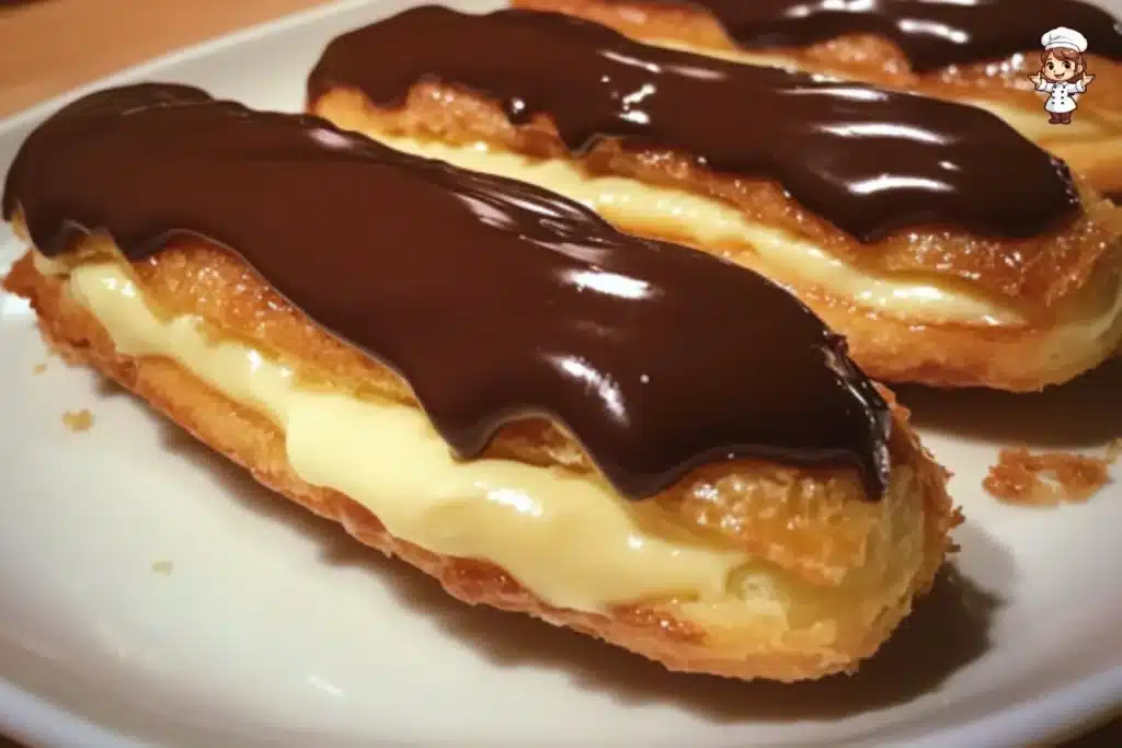 Delicious homemade eclairs filled with cream and topped with chocolate glaze