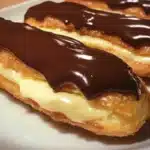 Delicious homemade eclairs filled with cream and topped with chocolate glaze
