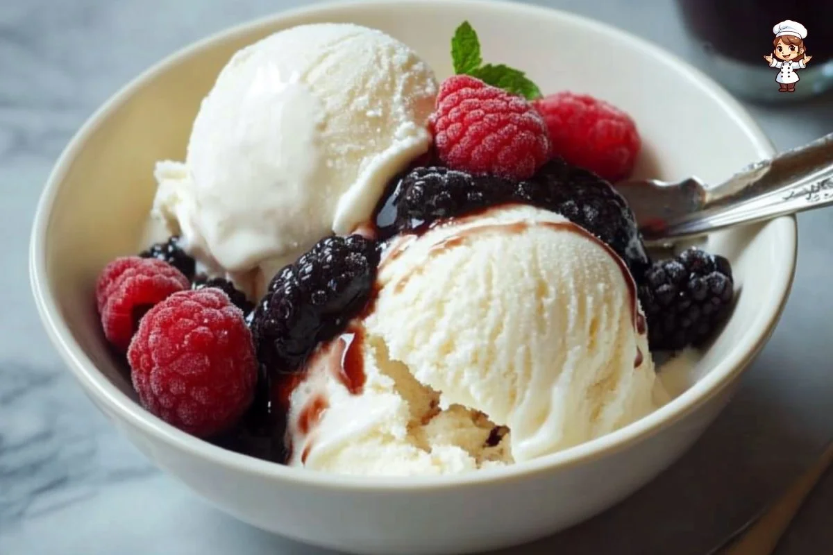 Bowl of homemade ice cream made with fresh ingredients
