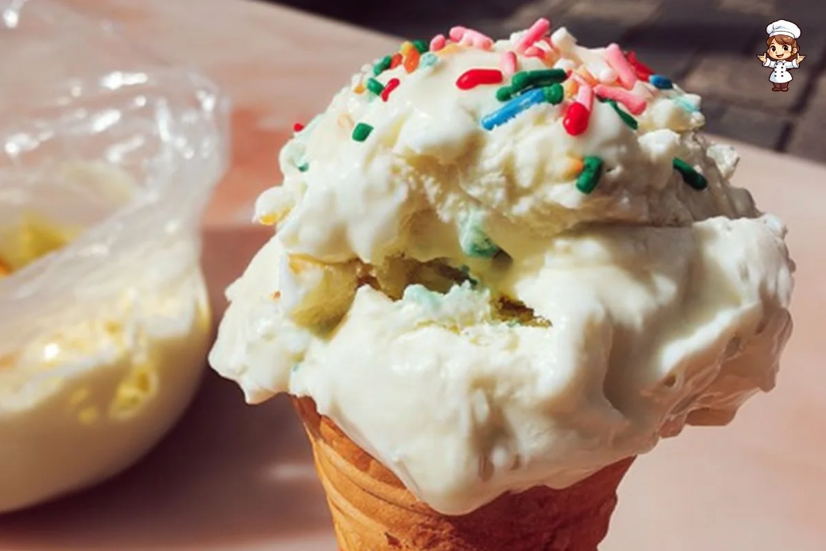 Bowl of creamy homemade ice cream topped with fresh fruit
