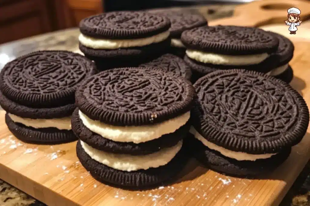 Delicious homemade Oreos with cream filling on a plate