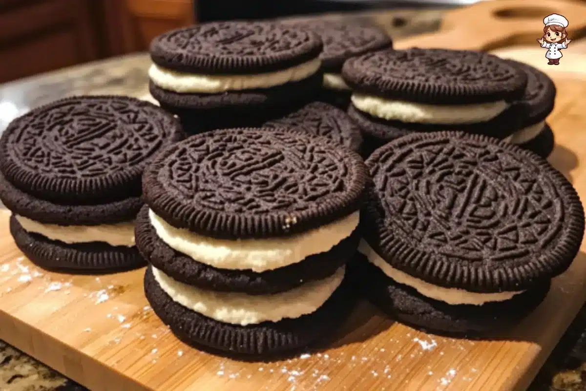 Delicious homemade Oreos with cream filling on a plate