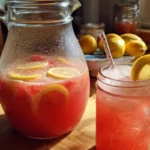 A refreshing glass of honey sweetened strawberry lemonade garnished with fresh strawberries.