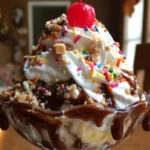 Delicious hot fudge sundae with ice cream, fudge sauce, and a cherry on top.