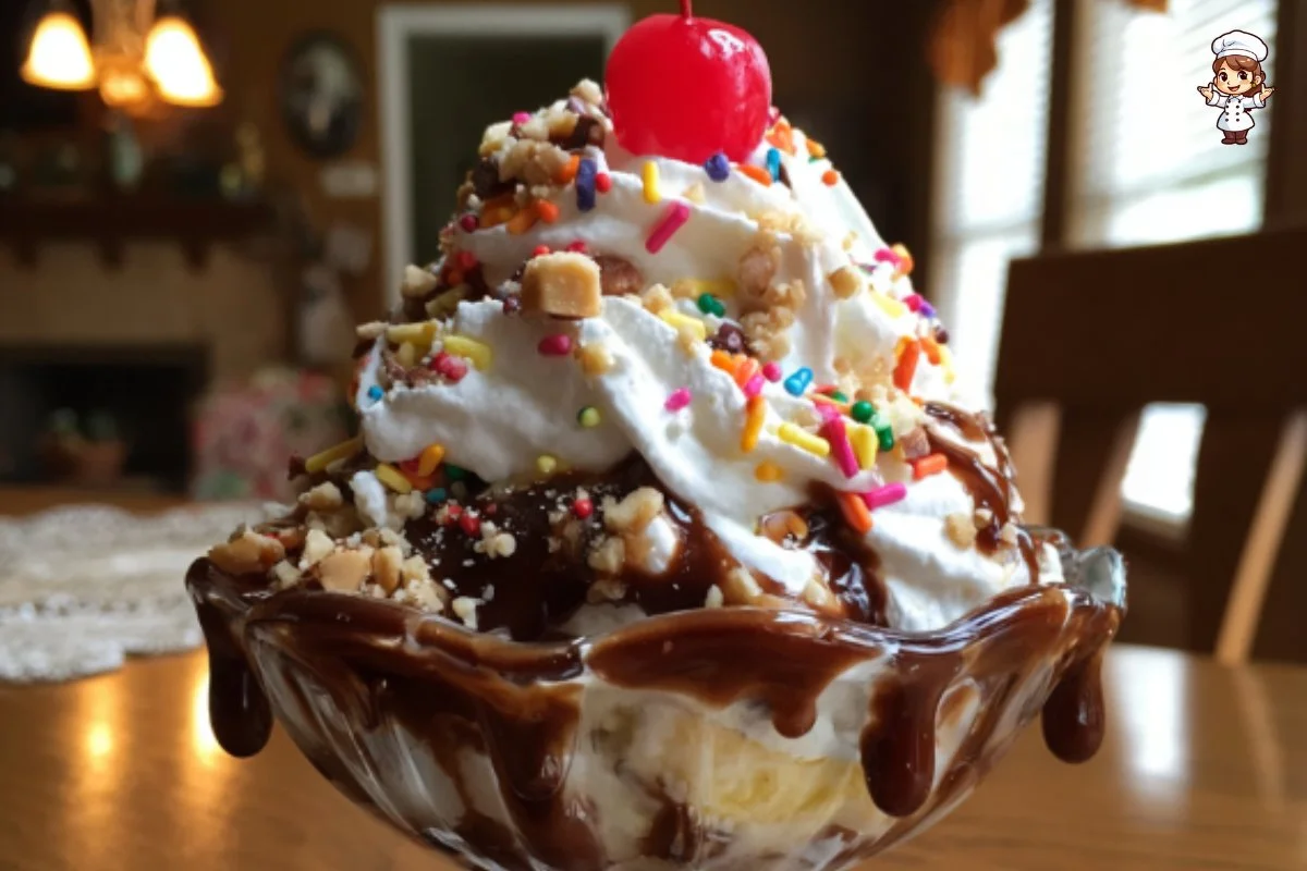 Delicious hot fudge sundae with ice cream, fudge sauce, and a cherry on top.