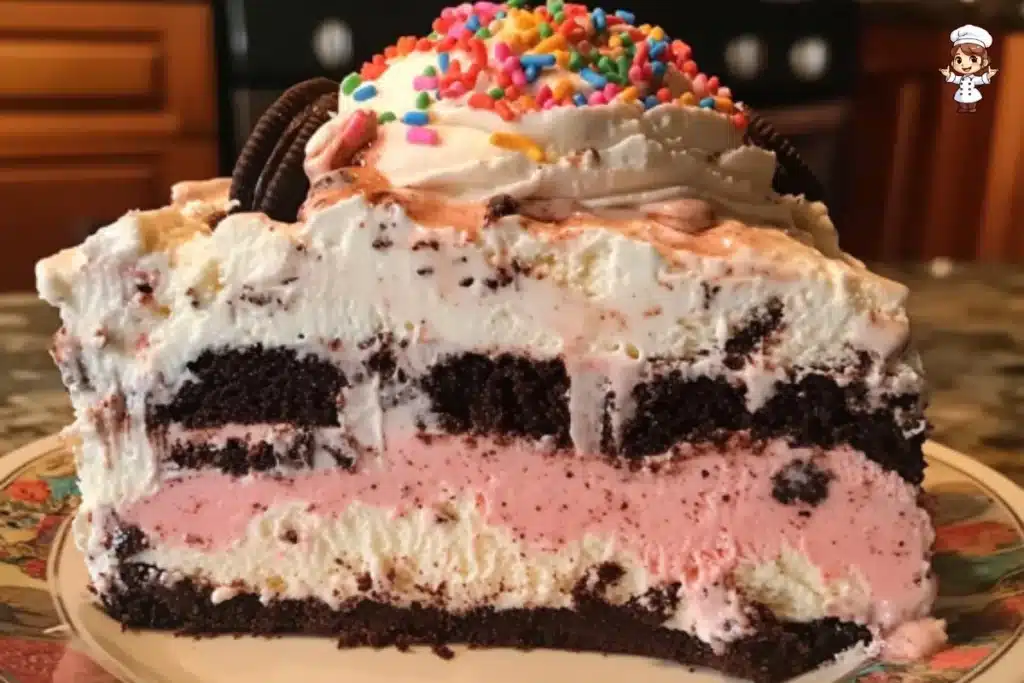 Homemade ice cream cake inspired by Dairy Queen, decorated with frosting and sprinkles.