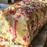 Delicious ice cream loaf cake topped with colorful sprinkles