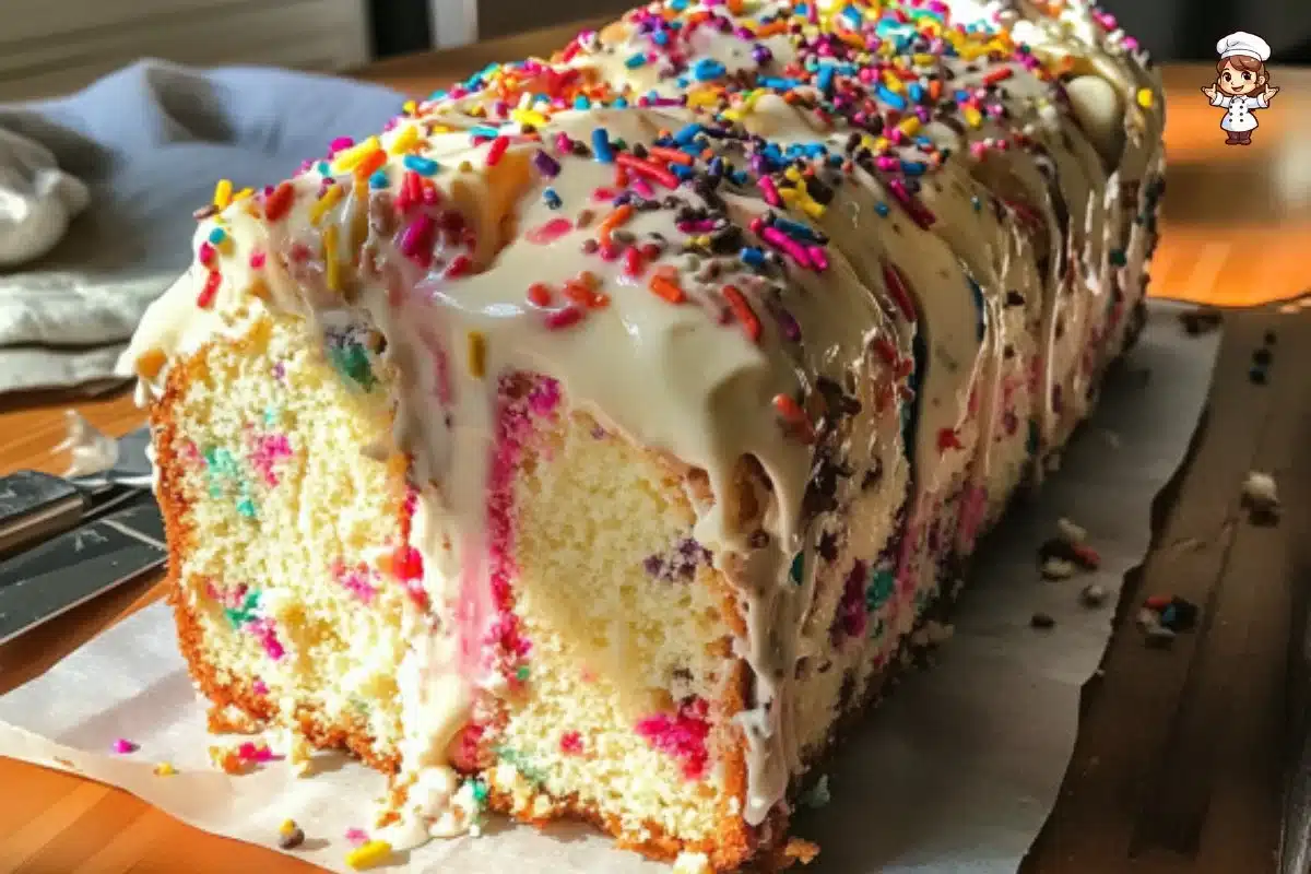 Delicious ice cream loaf cake topped with colorful sprinkles