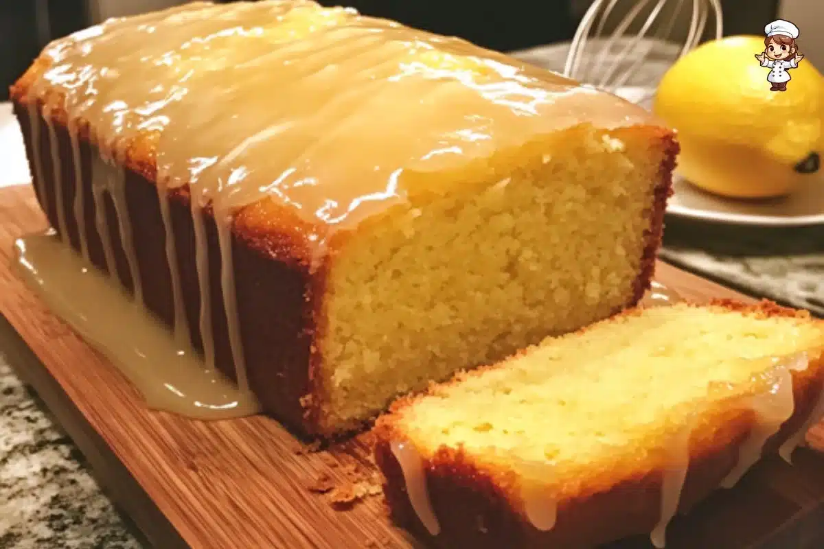Sliced iced lemon pound cake showcasing a moist texture and lemon glaze