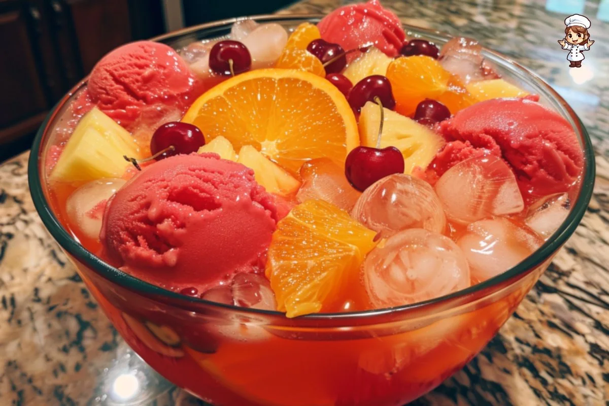Colorful Juneteenth Punch in a vibrant glass with fruit garnishes.