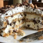 Layered chocolate chip cookie dessert served in a glass with chocolate drizzle.