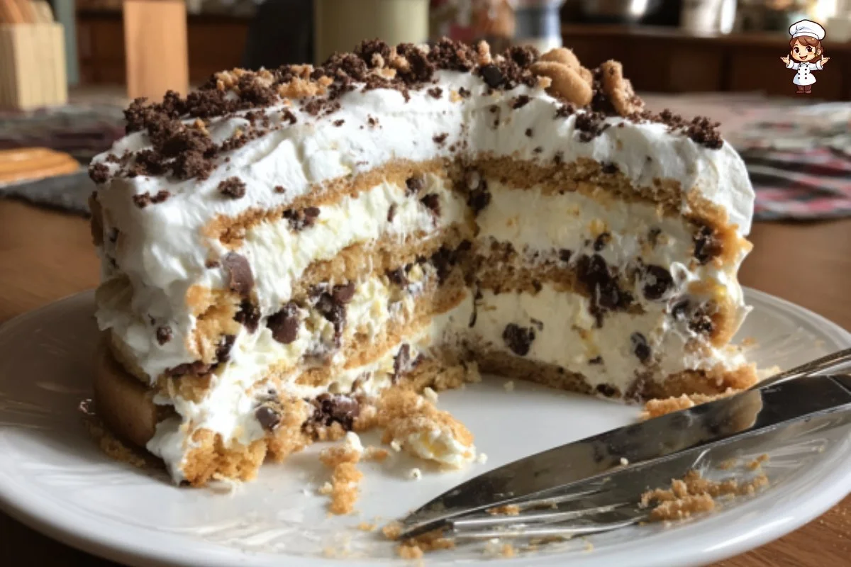 Layered chocolate chip cookie dessert served in a glass with chocolate drizzle.