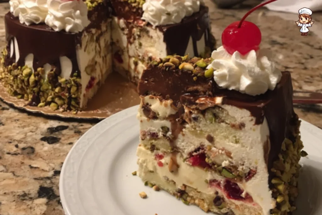 Delicious layered ice cream cake with chocolate and vanilla flavors