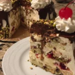 Delicious layered ice cream cake with chocolate and vanilla flavors