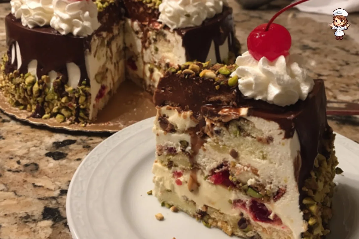 Delicious layered ice cream cake with chocolate and vanilla flavors