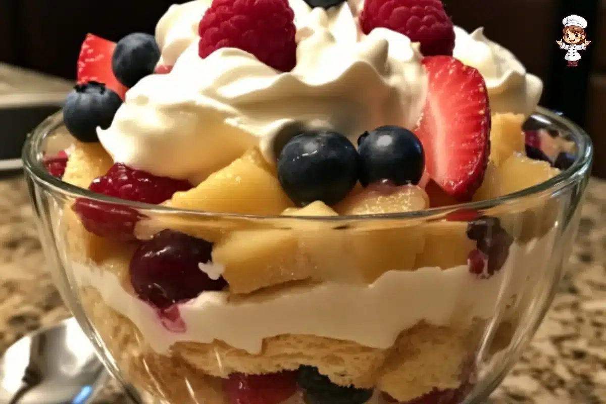 Delicious lemon berry trifle with layers of lemon cream and fresh berries
