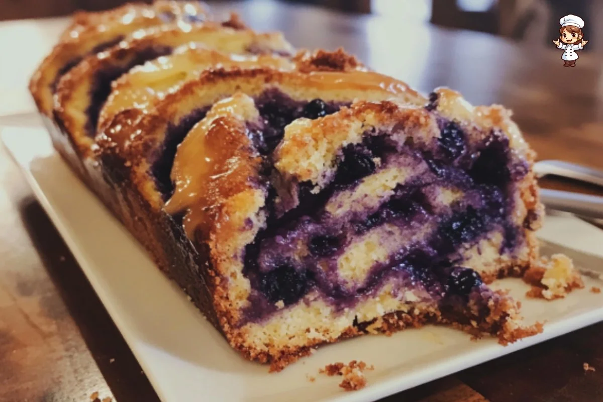 Freshly baked Lemon Blueberry Babka with lemon glaze and blueberries