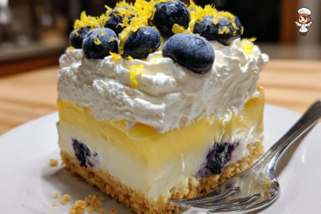 Slice of Lemon Blueberry Cheesecake topped with fresh blueberries and lemon zest