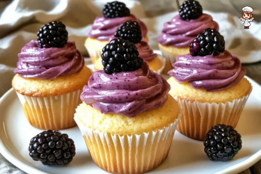 Lemon cupcakes with blackberry cream cheese frosting on a white plate
