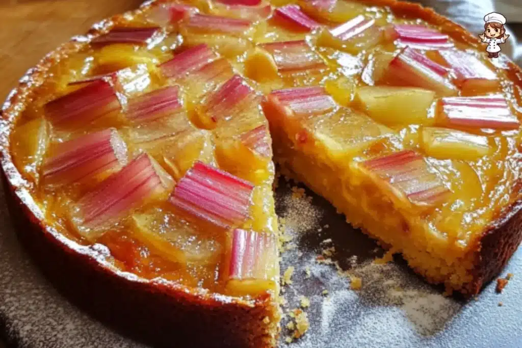Lemon Custard Rhubarb Cake with fresh rhubarb and lemon zest, topped with custard.