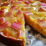 Lemon Custard Rhubarb Cake with fresh rhubarb and lemon zest, topped with custard.