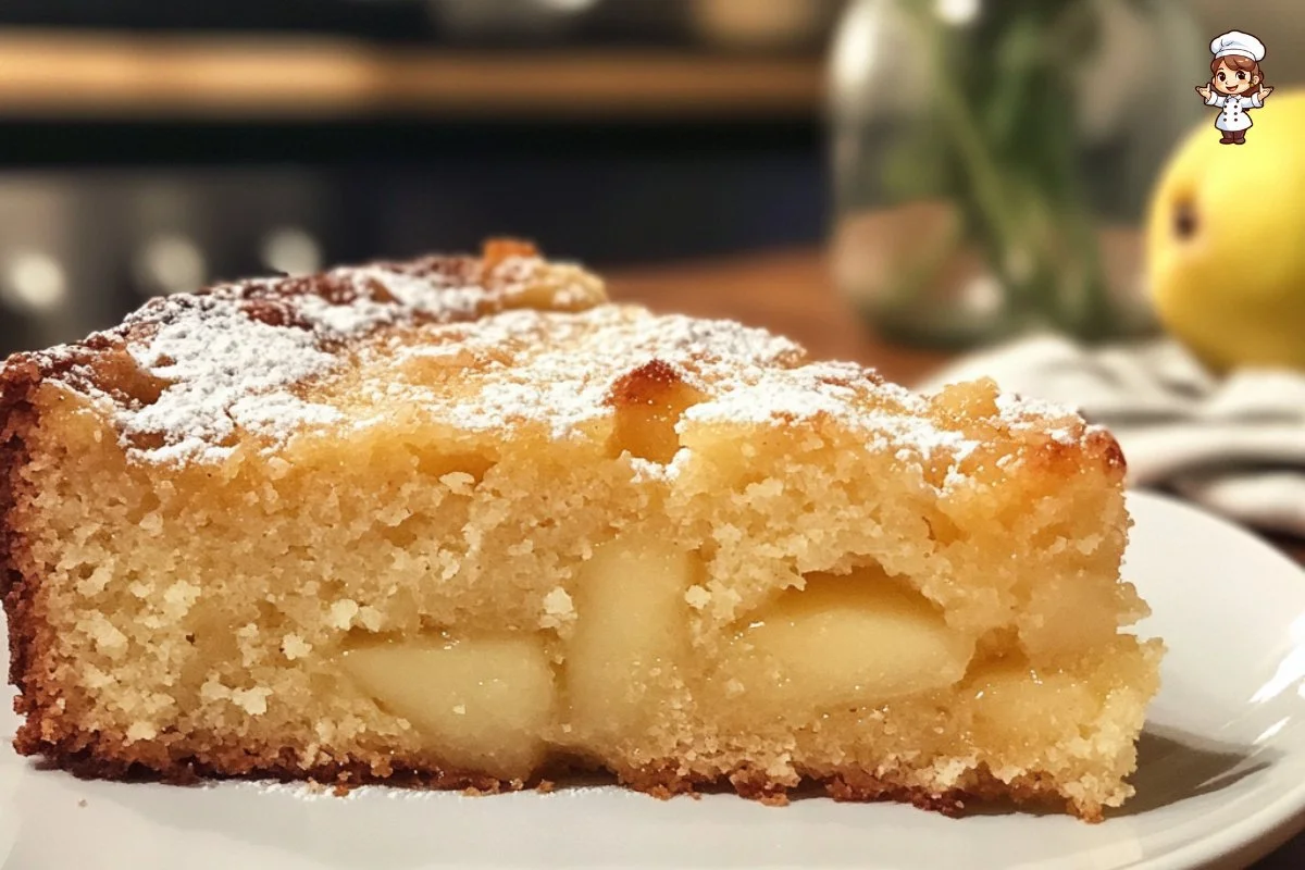 Sliced Lemon Ginger Pear Cake with fresh lemons and ginger on the side