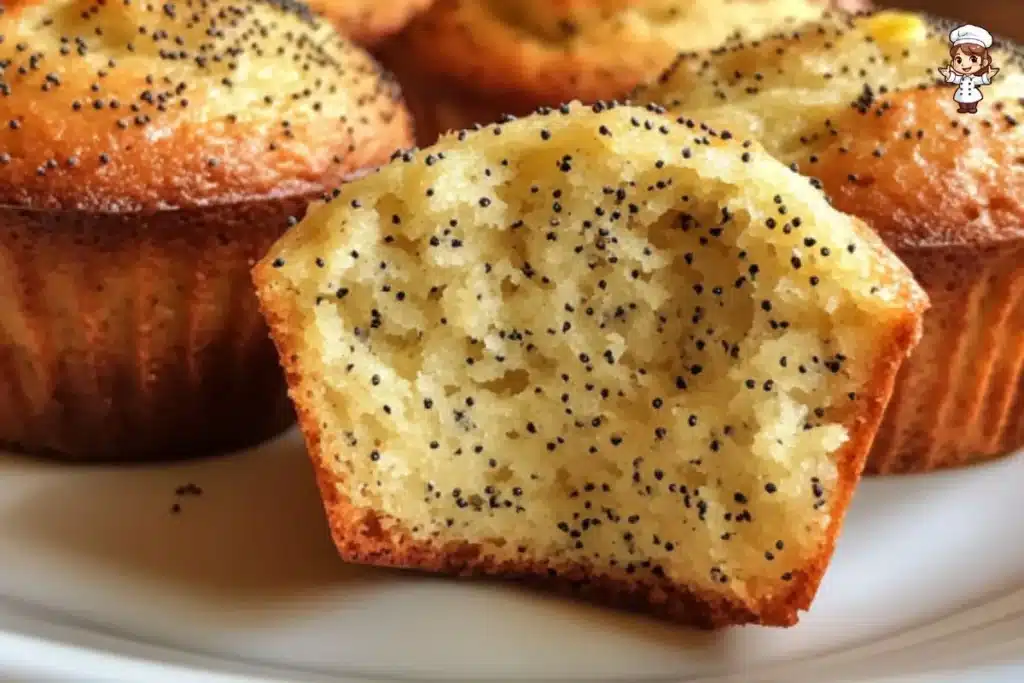 Freshly baked lemon poppy seed muffins on a wooden table