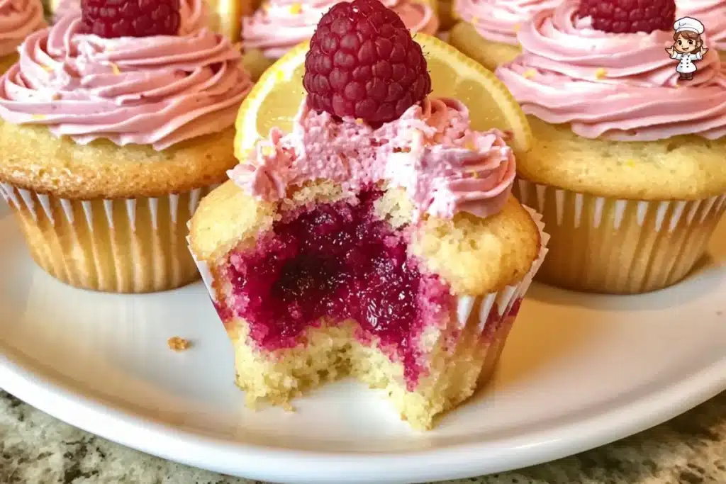 Lemon raspberry jam cupcakes topped with frosting and fresh raspberries