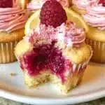 Lemon raspberry jam cupcakes topped with frosting and fresh raspberries